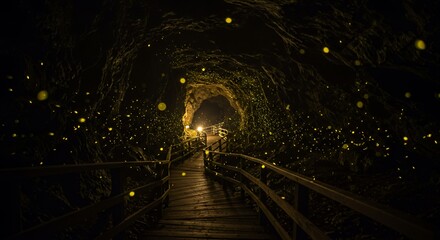 Naklejka premium Fireflies in Cave with Wooden Path
