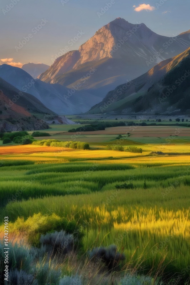 Poster 緑豊かなフィールドと影のある背景の山のあるゴールデンライトの景色 自然の美しさの穏やかなシーン アウトドアアドベンチャーを促す