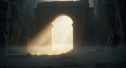 Stone archway with light shining through in a foggy landscape
