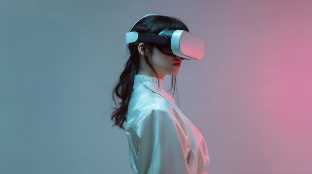 With a virtual reality headset, a woman enters a digital world that seamlessly merges technology and modern lifestyle, characterized by vibrant lighting that amplifies the futuristic mood - Powered by Adobe