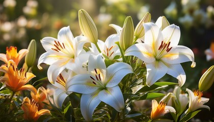 Fototapeta premium cluster of white lilies blossoming in a vibrant flower garden during spring season