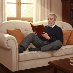 Anciano leyendo un libro en el sofa