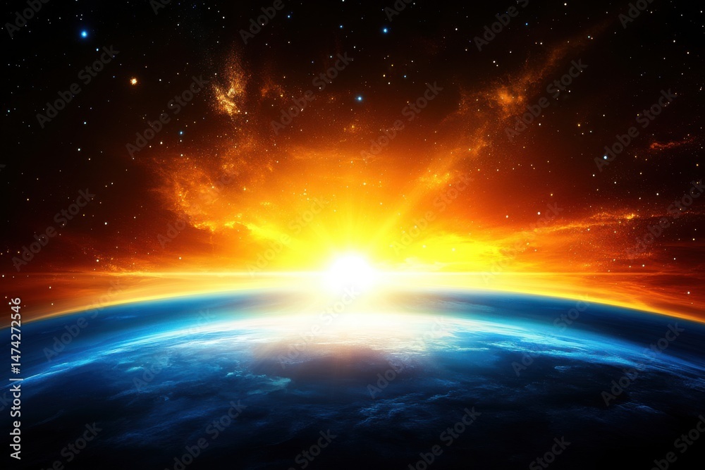Wall mural earth sunrise from space view with nebula clouds and stars in background digital art style