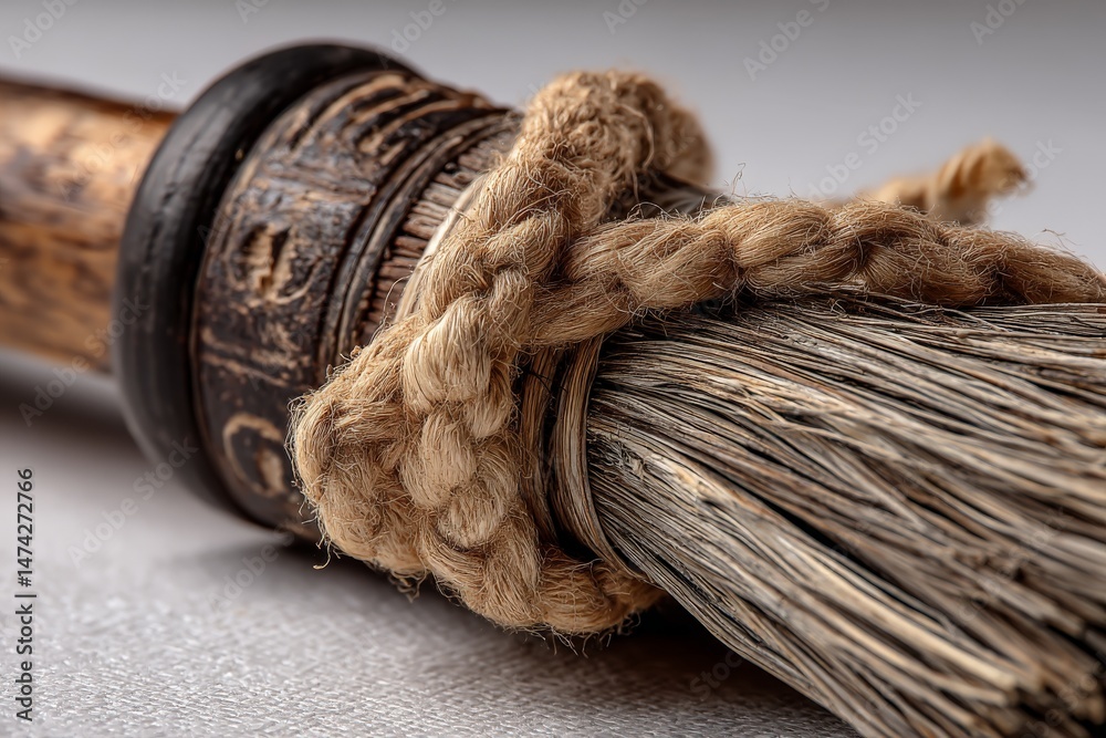 Aufkleber Detailed view of an artistic brush handle wrapped with twine resting on a textured surface in soft lighting