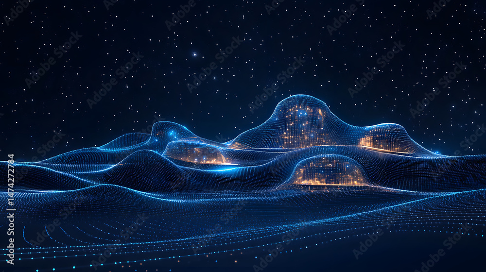 Poster futuristic digital landscape on a starry night. blue lines form rolling hills dotted with golden cit