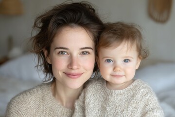 A happy mom and her cute baby daughter spend time together in their living room at home, where the young mother shows her little one love, care, and affection through playful interactions and quality