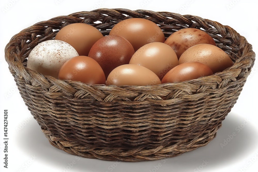 Poster fresh eggs arranged in a woven basket showcasing different colors and sizes on a neutral background