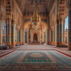 Grand mosque interior, ornate architecture and prayer hall