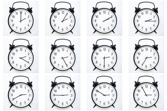 A set of 12 Black Vintage Alarm Clocks showing time from 02:00 to 02:55 or 14:00 to 14:55. Isolated on white background ideal for concepts related to time.