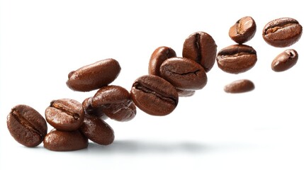 Roasted coffee beans scattered on a white background with soft shadows.