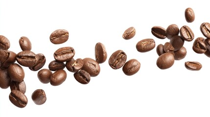Roasted coffee beans scattered on a white background creating a dynamic composition.
