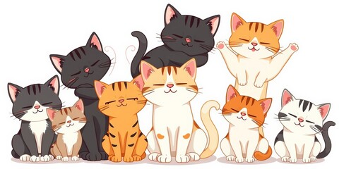 Adorable cartoon cats in various sleeping, jumping, and sitting poses, isolated on white Perfect for vets, shelters, and pet cafes, playful, jumping cat