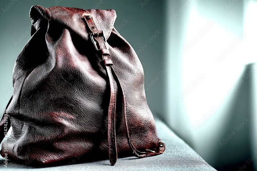 Poster brown leather backpack placed on a surface with soft lighting showcasing its texture and design