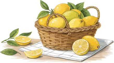 Lemon in basket, Lemon vector design, Yellow Lemon in basket with lemon slice on table in white background