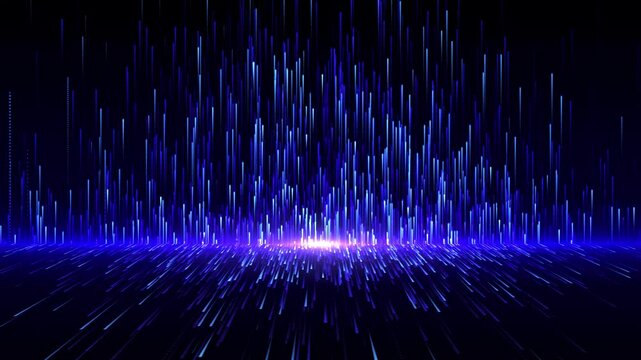 Glowing ultraviolet particles lines fly up. Big data fly up. Digital information transfer blue background. Abstract technologies gate. 3d animation of a vibrant blue lights and particles 4k 60fps.
