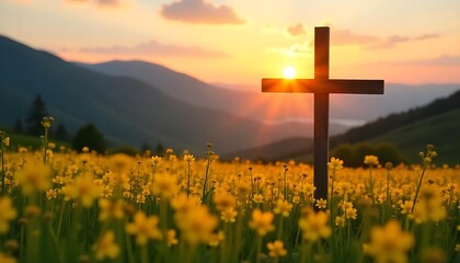 Wooden Cross in a Field of Yellow Flowers at Sunrise in the Mountains, created with generative ai