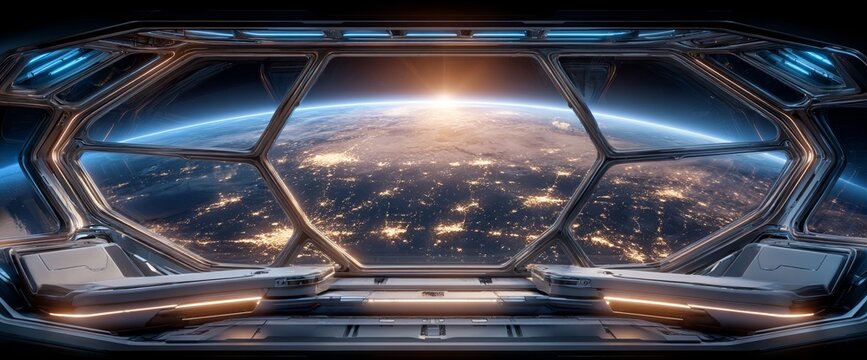 The interior of an alien space station offers a beautiful view, looking out at Earth and the sunset