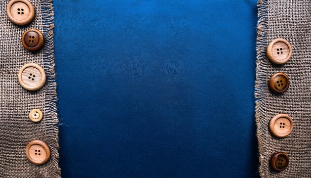 textured blue fabric background bordered with burlap and wooden buttons with space to copy for craft blogs sewing websites and rustic design projects