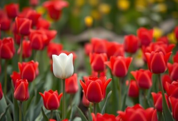 Fototapeta premium A solitary white tulip amidst a sea of red blooms in springtime, petals, floral