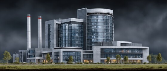 Obraz premium Modern industrial architecture showcasing a sleek power plant with impressive glass detailing against a dramatic sky highlighting energy efficiency and innovative construction design