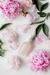 Glass serum bottle for beauty product mockup and skincare presentation on aesthetic neutral background with peony flowers.