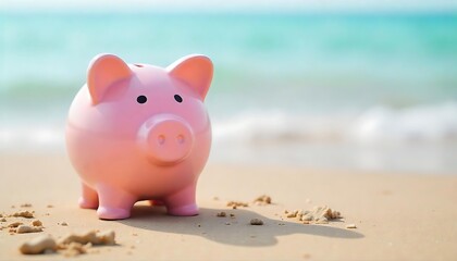Pink piggy bank standing on sand at beach. Concept save money for vacation. Financial planning, future, investment, savings, retirement, finance, deposit, cash., created with generative ai