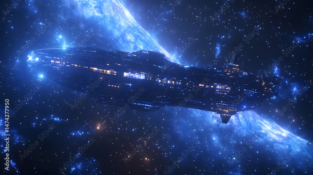 Poster A massive, advanced spacecraft dominates a star-filled expanse with a radiant blue nebula. Intricate details and cool lighting emphasize its futuristic design. Abstract wireframe in dark blue.