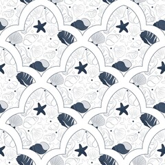 seamless pattern with silhouettes of seashells on a white background