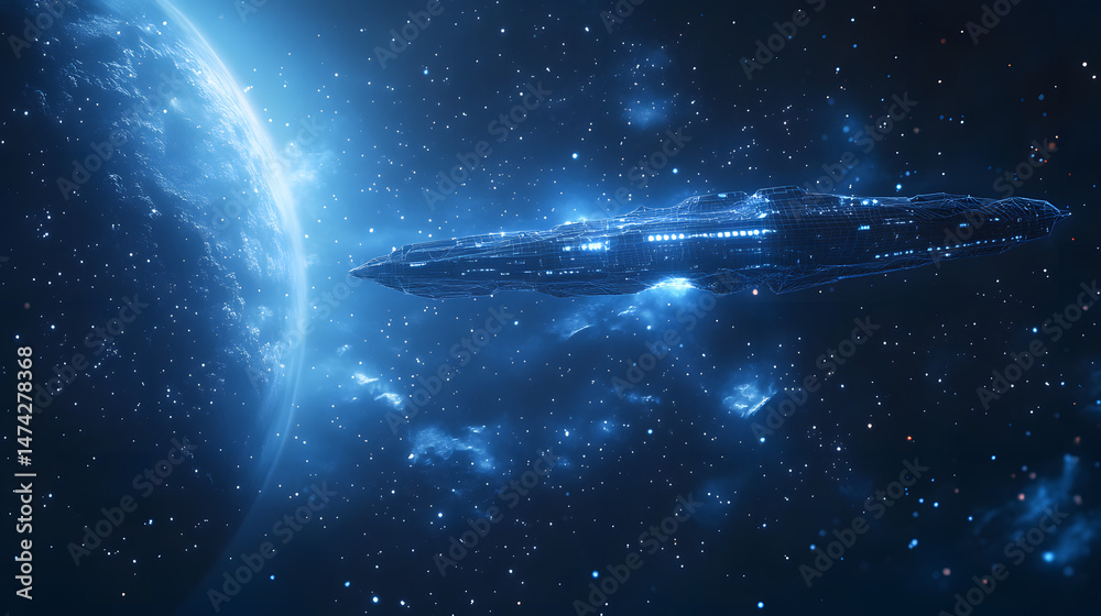Aufkleber explore deep space with a futuristic spaceship, a serene blue planet, and a backdrop of distant star