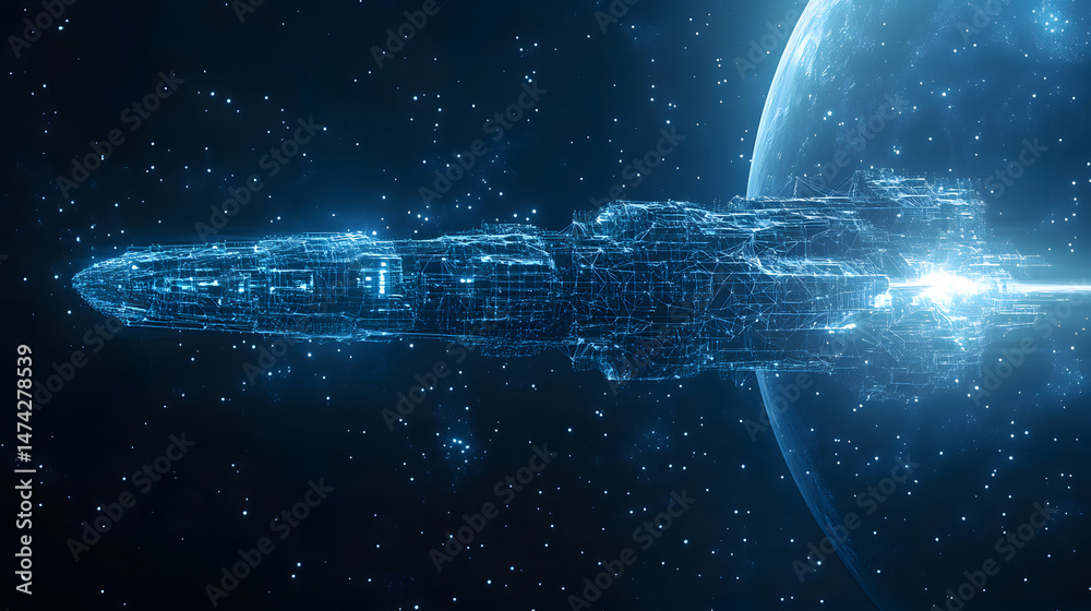 Fototapete Futuristic spaceship emitting a powerful energy beam against a backdrop of a blue planet and stars. Technological marvel exploring space in a grid style. Abstract wireframe in dark blue.