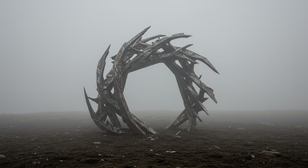Metal sculpture in fog