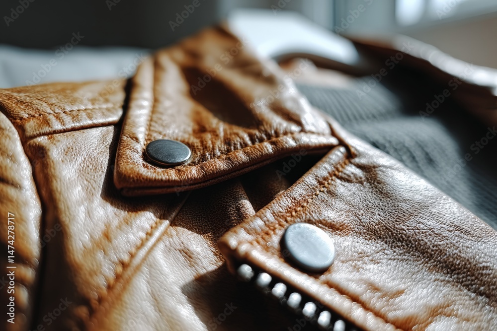 Fototapete close-up view of a brown leather jacket showcasing stitching and buttons with a soft background in n