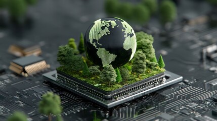 A concept emphasizing eco-friendly technology with a global symbol on a circuit board, concentrating on environmental advancements, sustainable computing, corporate social responsibility, and