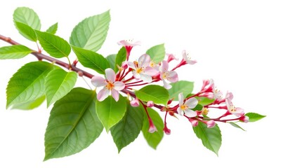Obraz premium A vibrant green branch with nascent leaves and delicate blossoms, isolated on white, woodland, tree