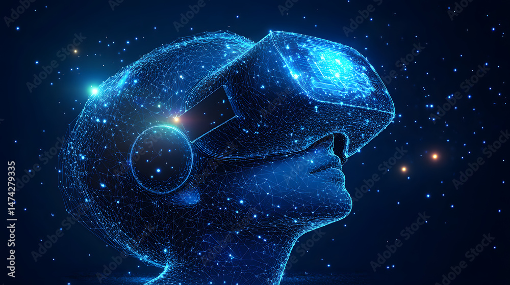 Leinwandbilder futuristic vr experience visualized. a wireframe head wearing a vr headset floats in a star-filled d
