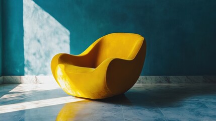 Yellow chair with smooth curves against a calm blue wall