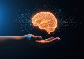 Human hand holding a glowing brain with digital particles on dark background
