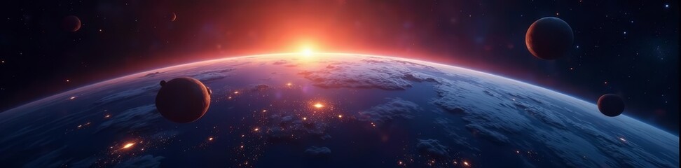 Fototapeta premium Beautiful aerial view of planet Earth in space with glowing atmosphere, aerial view, universe, space