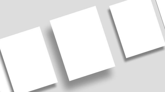 Group of White Paper Blanks Moving Diagonally with shadows on Natural Light Grey background (Flat Lay Animation) Branding Identify, Business Cards or Magazine pages and Social Posts
