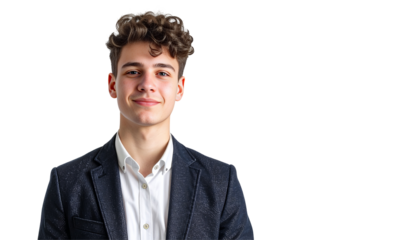 Smiling young man curly brown hair white shirt dark blazer facing camera black background