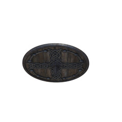 Rustic wooden shield from a perspective view on a white background.