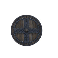 Rustic wooden shield from a perspective view on a white background.
