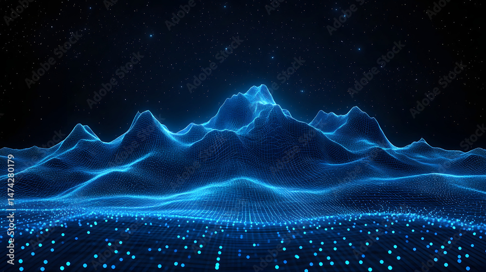 Poster Futuristic digital landscape with blue wireframe terrain under a starry night. Glowing dots enhance depth, creating an ethereal and visually striking scene. Abstract wireframe in dark blue