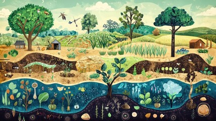 Concept map of agroecology linking biodiversity, soil health, water, and crop productivity.