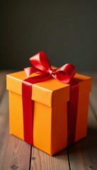 Obraz premium Big orange gift box with shiny red ribbon on wooden table , occasion, gift