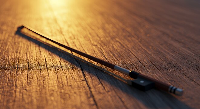 Violin bow on wooden surface