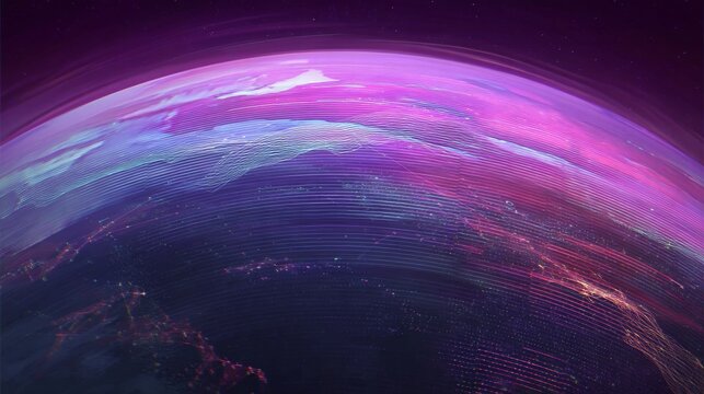 It features a technology background with a globe, business finance, and blue and purple tech