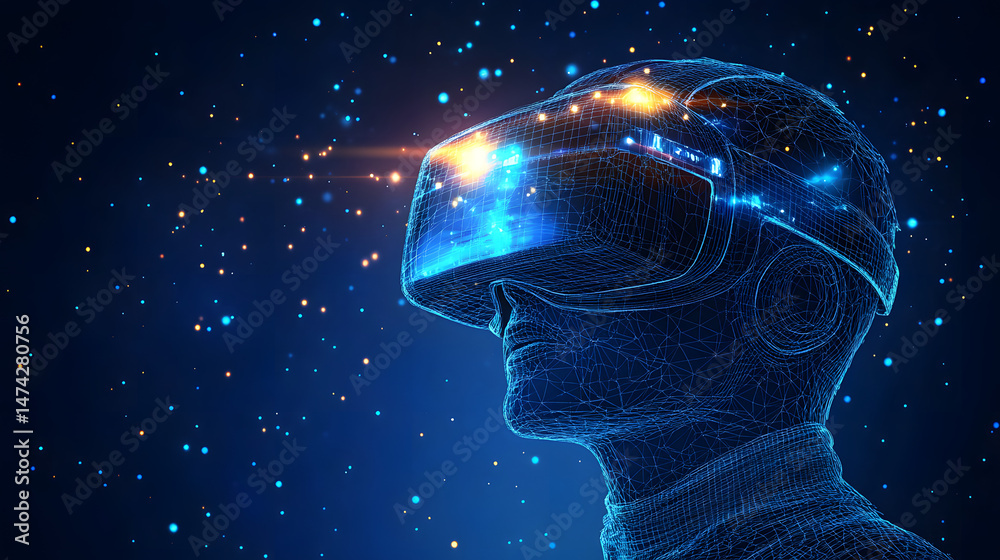 Aufkleber Futuristic wireframe rendering of a person using a VR headset. Glowing particles create a cosmic virtual environment, highlighting digital connectivity. Abstract wireframe in dark blue.