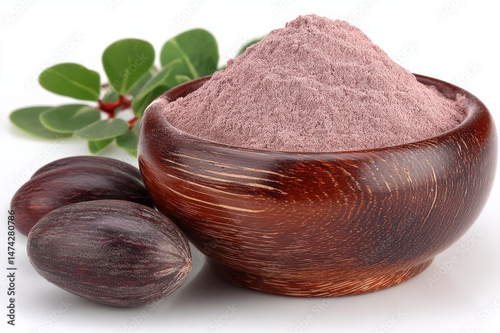 Poster natural powdered spice with seeds displayed in a wooden bowl on white background