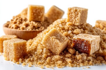 Brown sugar cubes and granulated sugar arranged attractively on a surface with a bowl of sugar in the background
